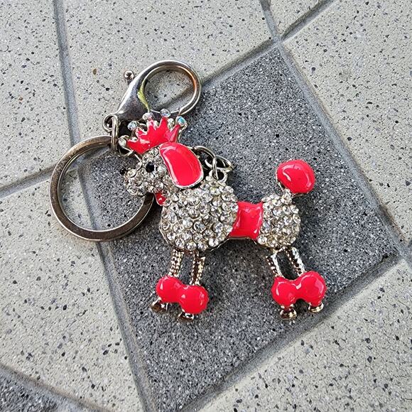 Silver Tone Crown Rhinestone Studded Poodle Princess Keychain Bag Charm - Picture 2 of 7